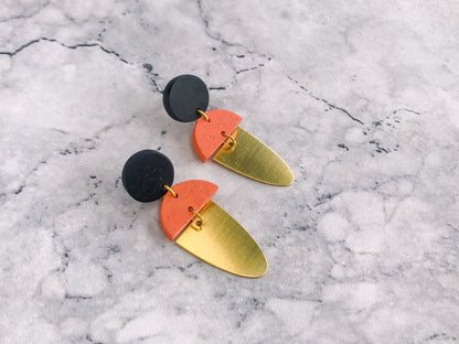 LEXI Orange and black statement earrings, dark peach, orange peachy tones with black specks, Gold polymer clay dangle earrings.