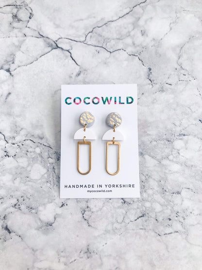 ROXY White Grey & Gold dangle earrings // Gold foil polymer clay dangle earrings.