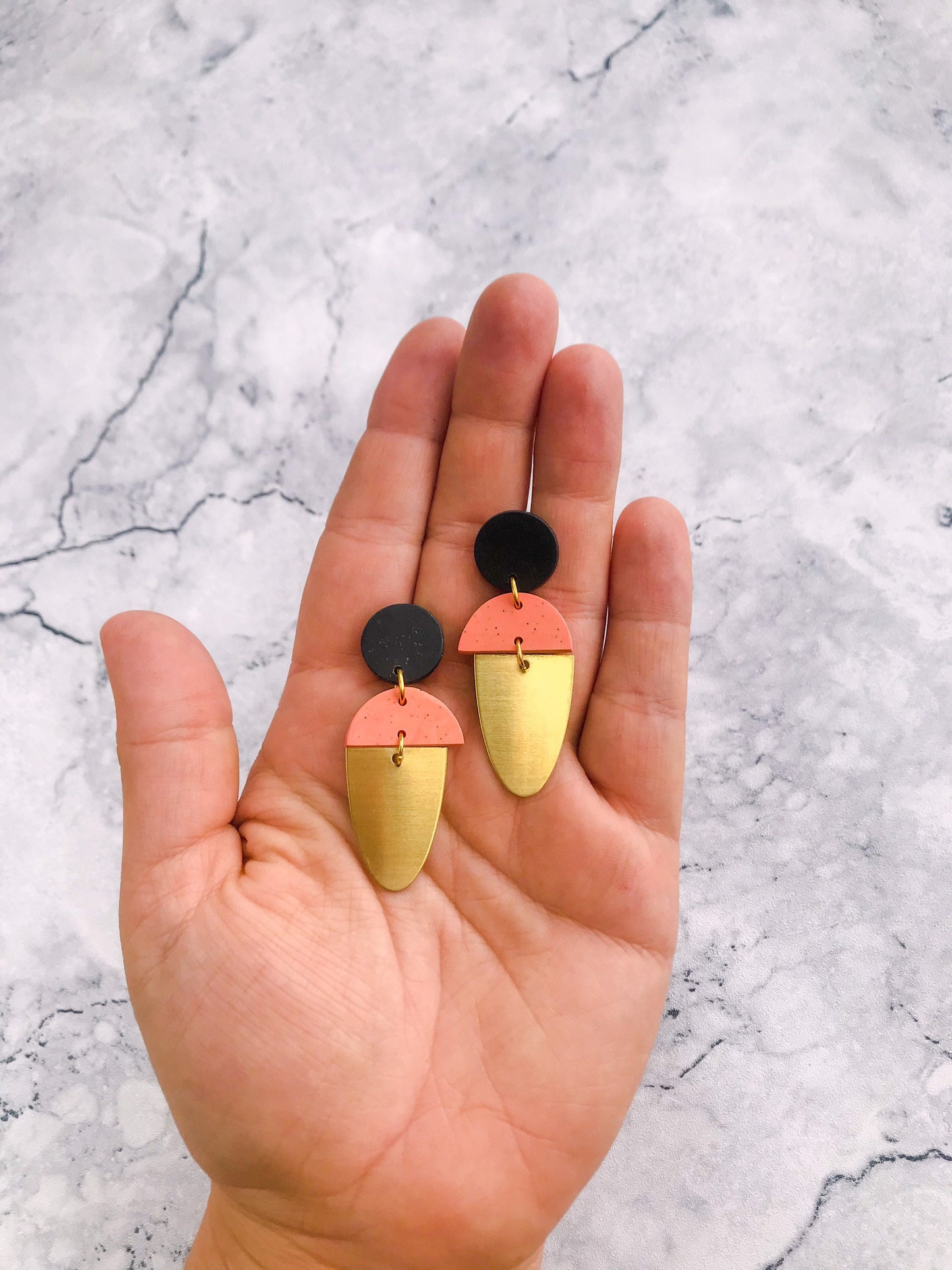 LEXI Orange and black statement earrings, dark peach, orange peachy tones with black specks, Gold polymer clay dangle earrings.