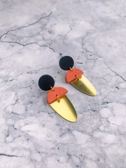 LEXI Orange and black statement earrings, dark peach, orange peachy tones with black specks, Gold polymer clay dangle earrings.