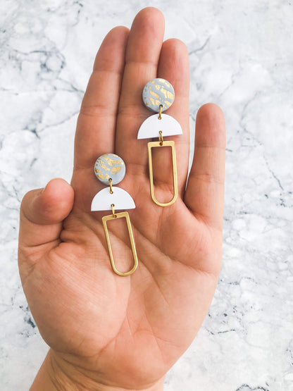 ROXY White Grey & Gold dangle earrings // Gold foil polymer clay dangle earrings.