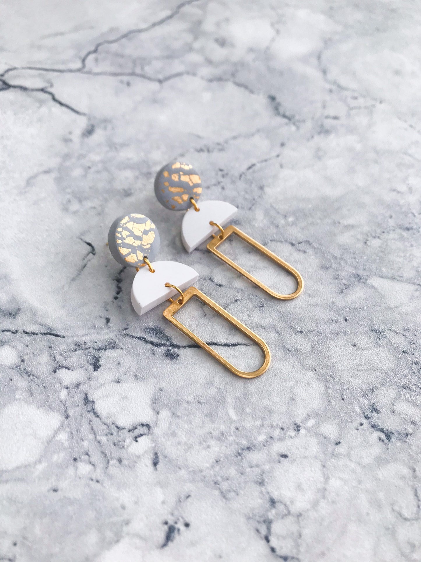 ROXY White Grey & Gold dangle earrings // Gold foil polymer clay dangle earrings.