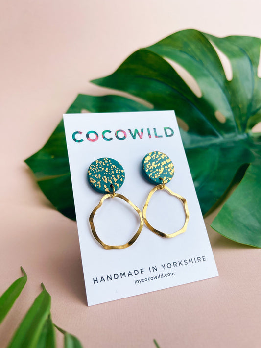 OLIVIA Emerald green and gold earrings with gold hoops handmade in the UK