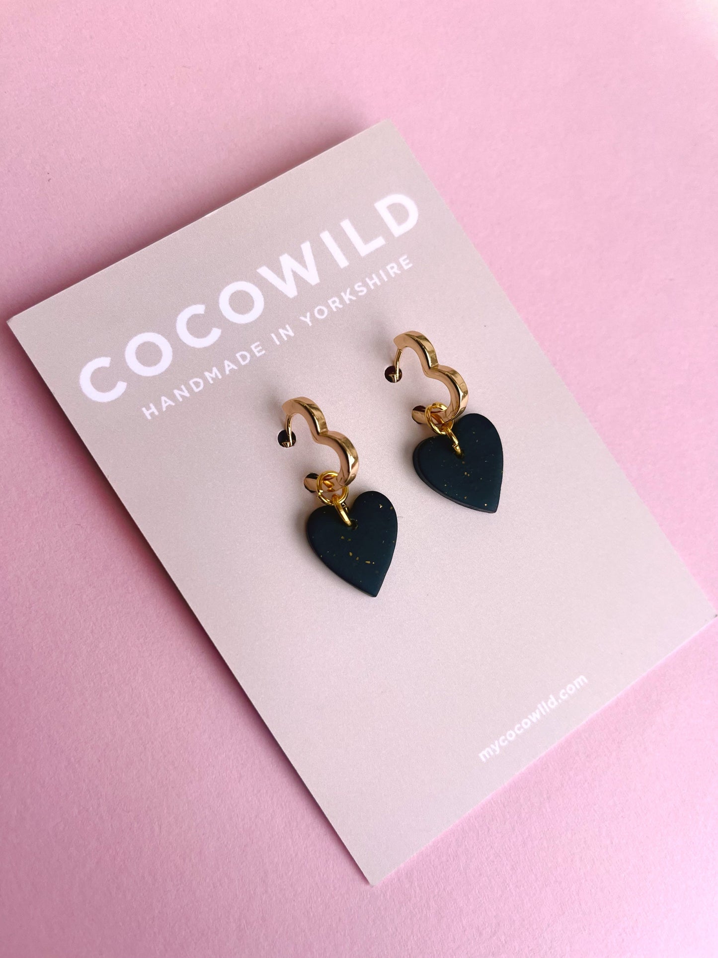 Black Heart earrings | tiny Black Heart Dangles | Heart earrings on 18k gold plated heart shaped Huggies // LOLA