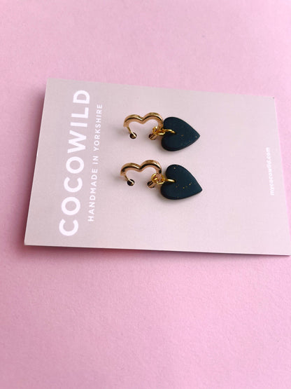 Black Heart earrings | tiny Black Heart Dangles | Heart earrings on 18k gold plated heart shaped Huggies // LOLA