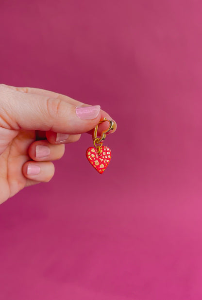 Red Heart Earrings | Red and Gold leaf Polymer Clay Heart earrings on 18k gold plated heart shaped Huggies // LOLA