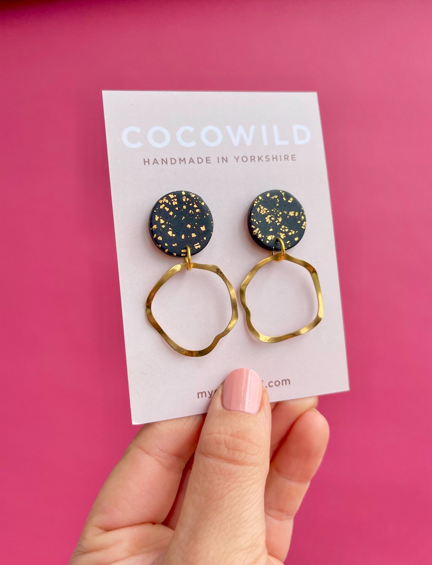 OLIVIA Handmade Black and Gold earrings with large gold hoops