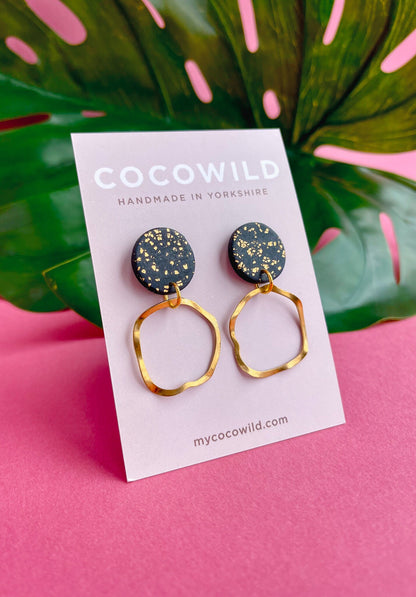 OLIVIA Handmade Black and Gold earrings with large gold hoops