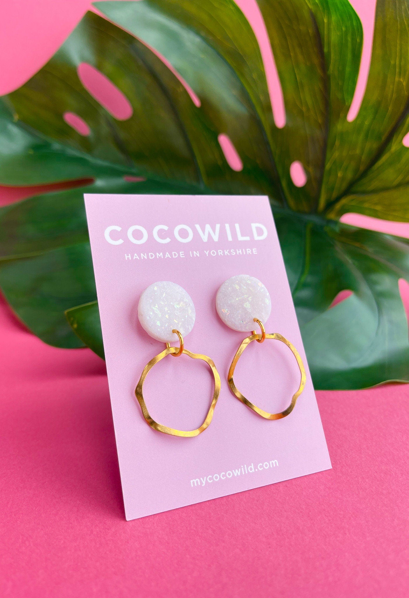 OLIVIA Handmade Pearlescent and Gold earrings with large wavy gold hoops