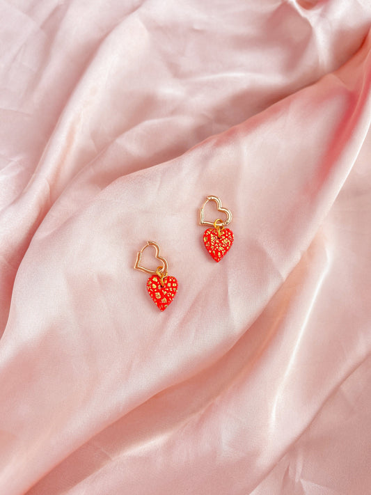 Red Heart Earrings | Red and Gold leaf Polymer Clay Heart earrings on 18k gold plated heart shaped Huggies // LOLA