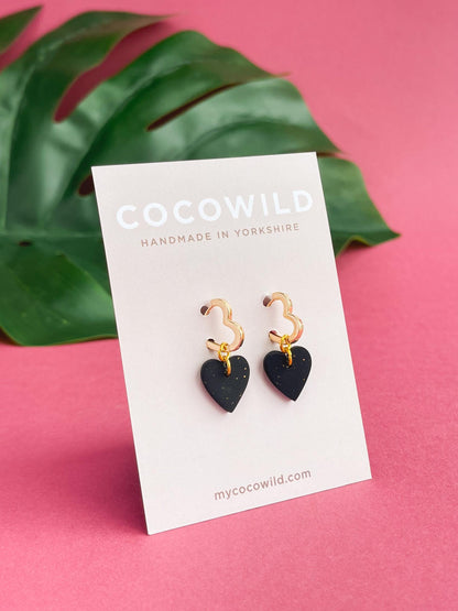 Black Heart earrings | tiny Black Heart Dangles | Heart earrings on 18k gold plated heart shaped Huggies // LOLA