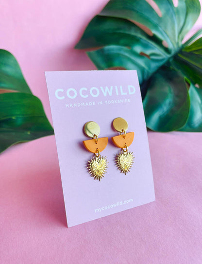 Mustard & Gold Earrings with Gold Heart Charm - ASTRID