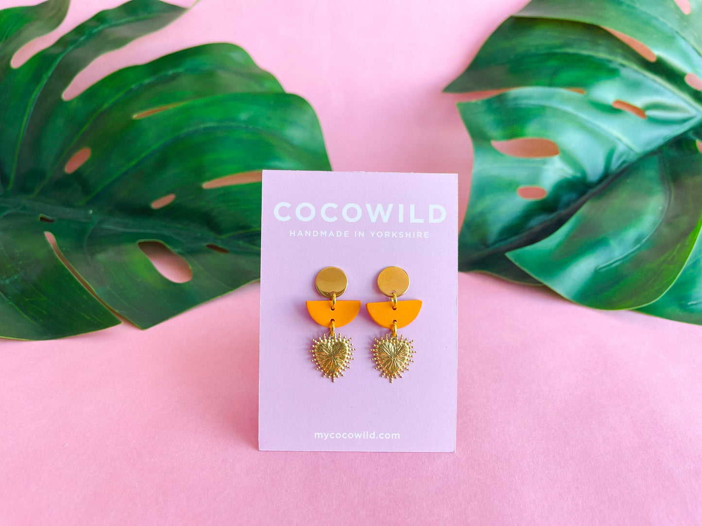 Mustard & Gold Earrings with Gold Heart Charm - ASTRID