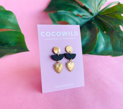 ASTRID Black & Gold with Gold Heart Charm Earrings