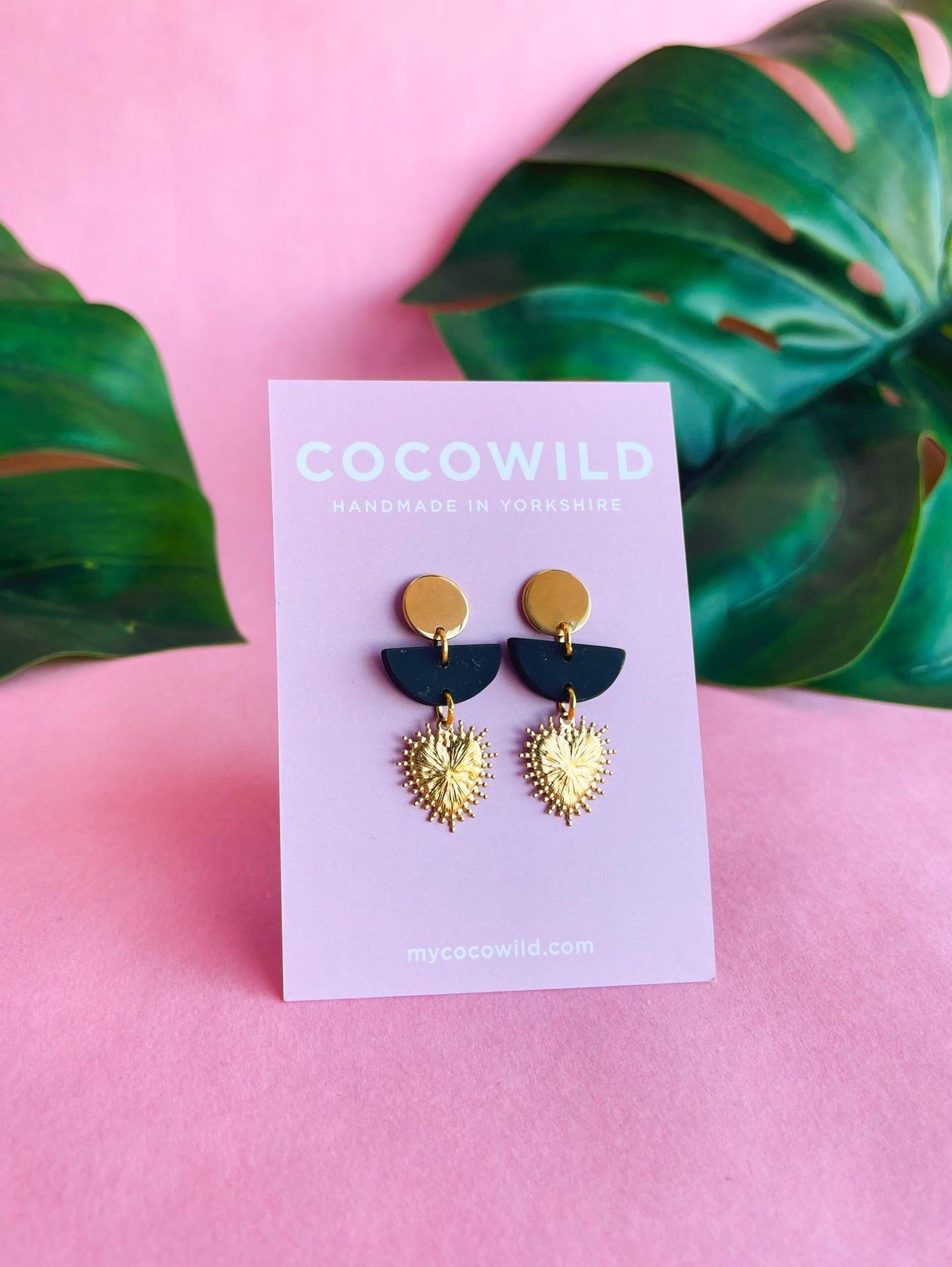 ASTRID Black & Gold with Gold Heart Charm Earrings