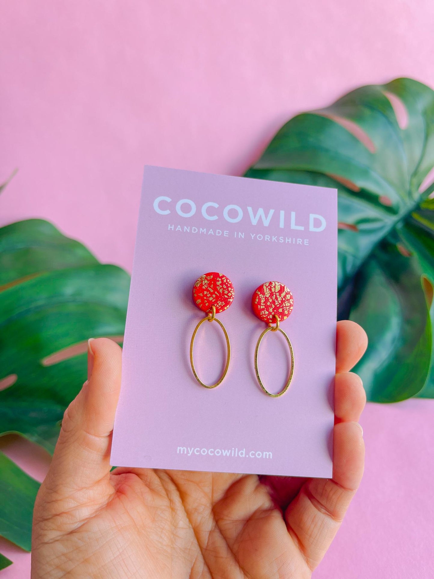 Red & Gold statement earrings - CHRISTINA // Handmade clay earrings with gold foil // lightweight earrings //