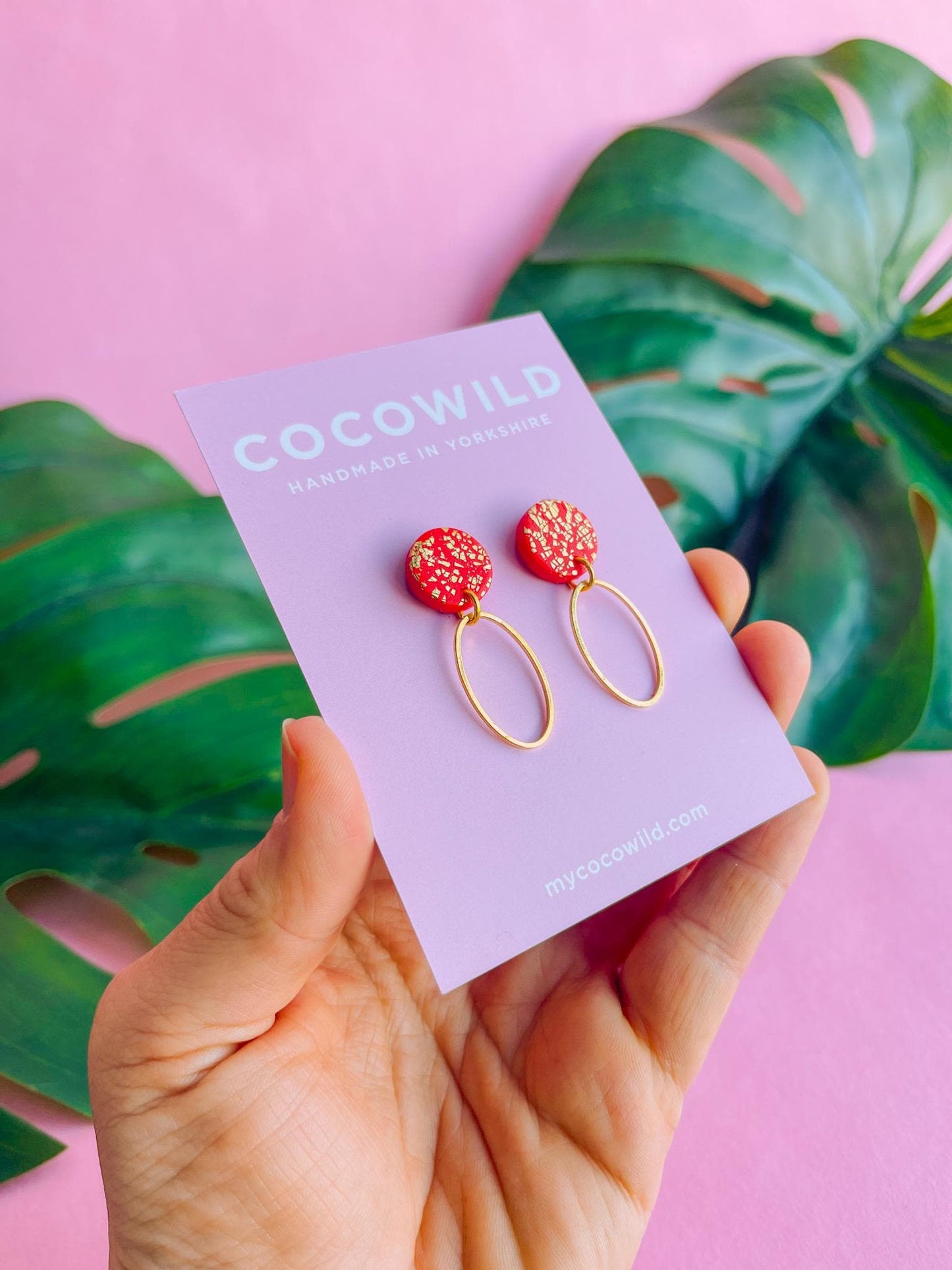 Red & Gold statement earrings - CHRISTINA // Handmade clay earrings with gold foil // lightweight earrings //