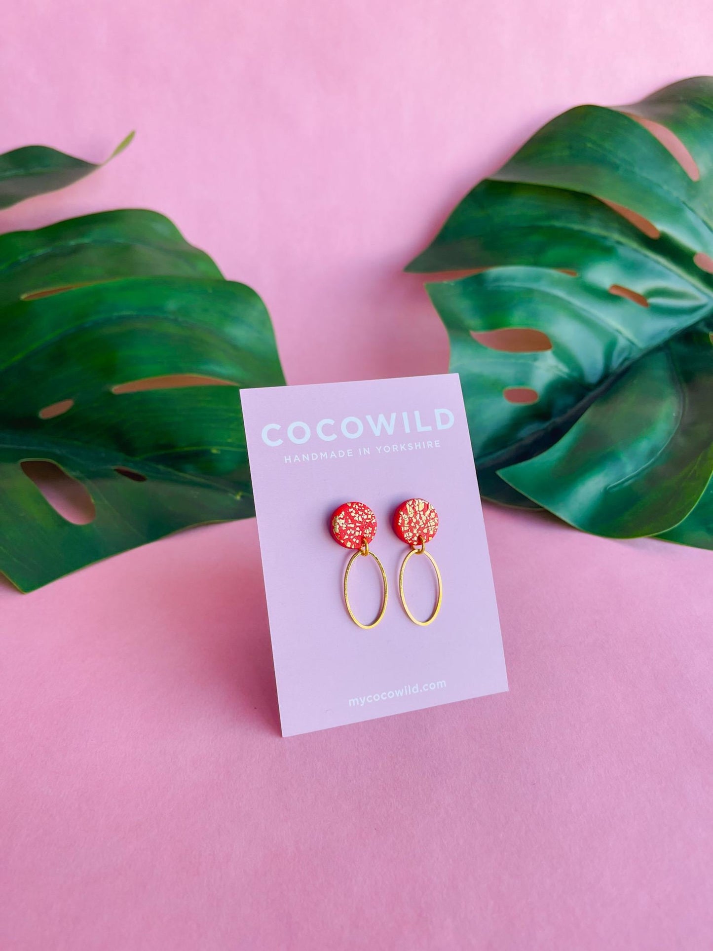 Red & Gold statement earrings - CHRISTINA // Handmade clay earrings with gold foil // lightweight earrings //