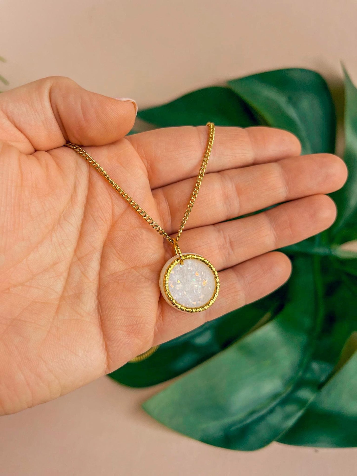 Small Pearlescent clay 18k gold plated necklace | short white sparkly necklace  // ISABELLA