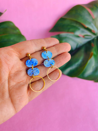 Blue & Gold Round statement stud earrings /Polymer clay oval earrings with gold foil / UK Handmade jewellery // MACKENZIE