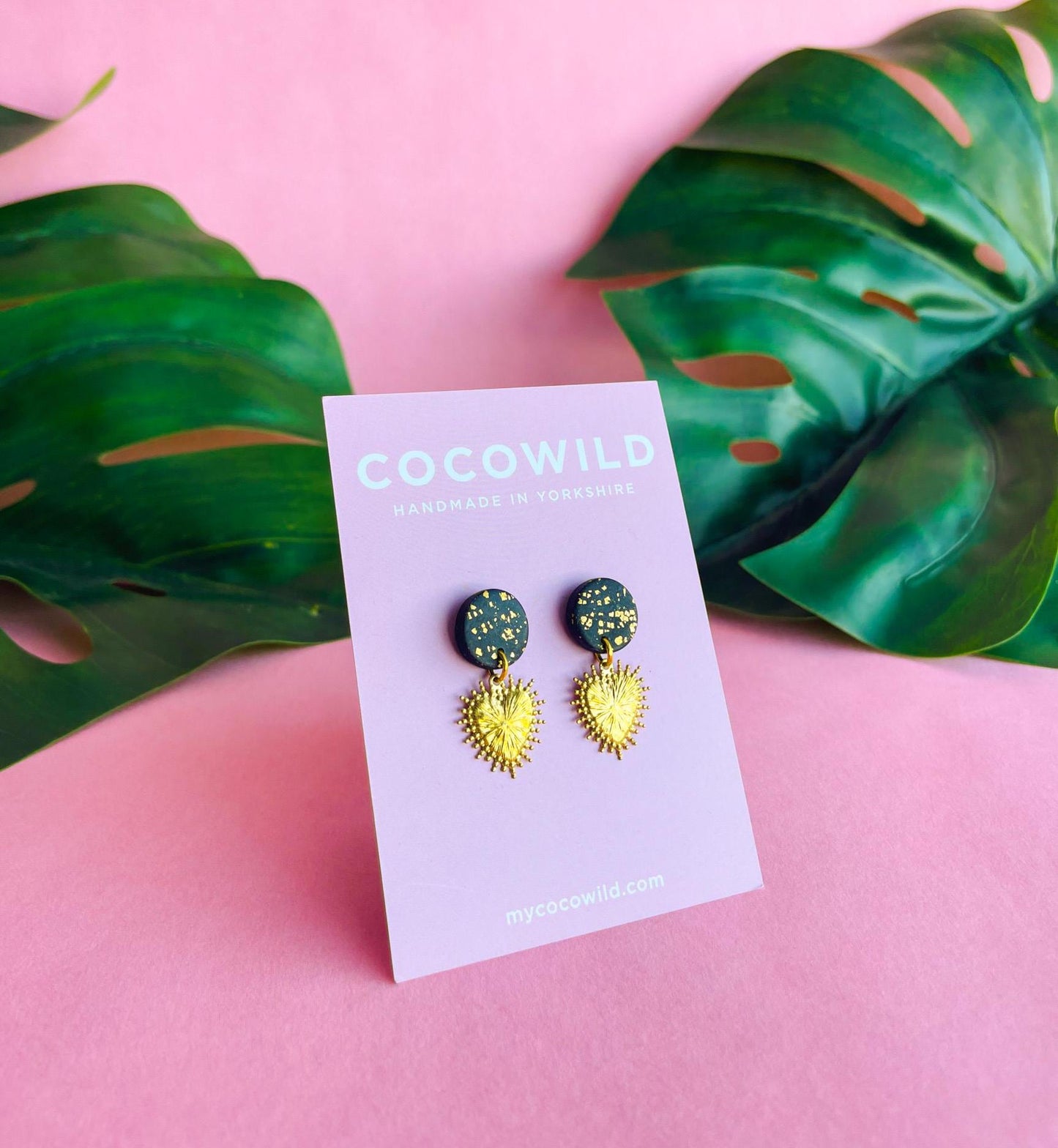 Black & Gold with Gold Heart Charm Earrings / handmade clay earrrings // AVERY