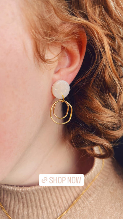 Pearlescent white double hoop statement earrings // Polymer clay earrings with gold foil //  MARIA