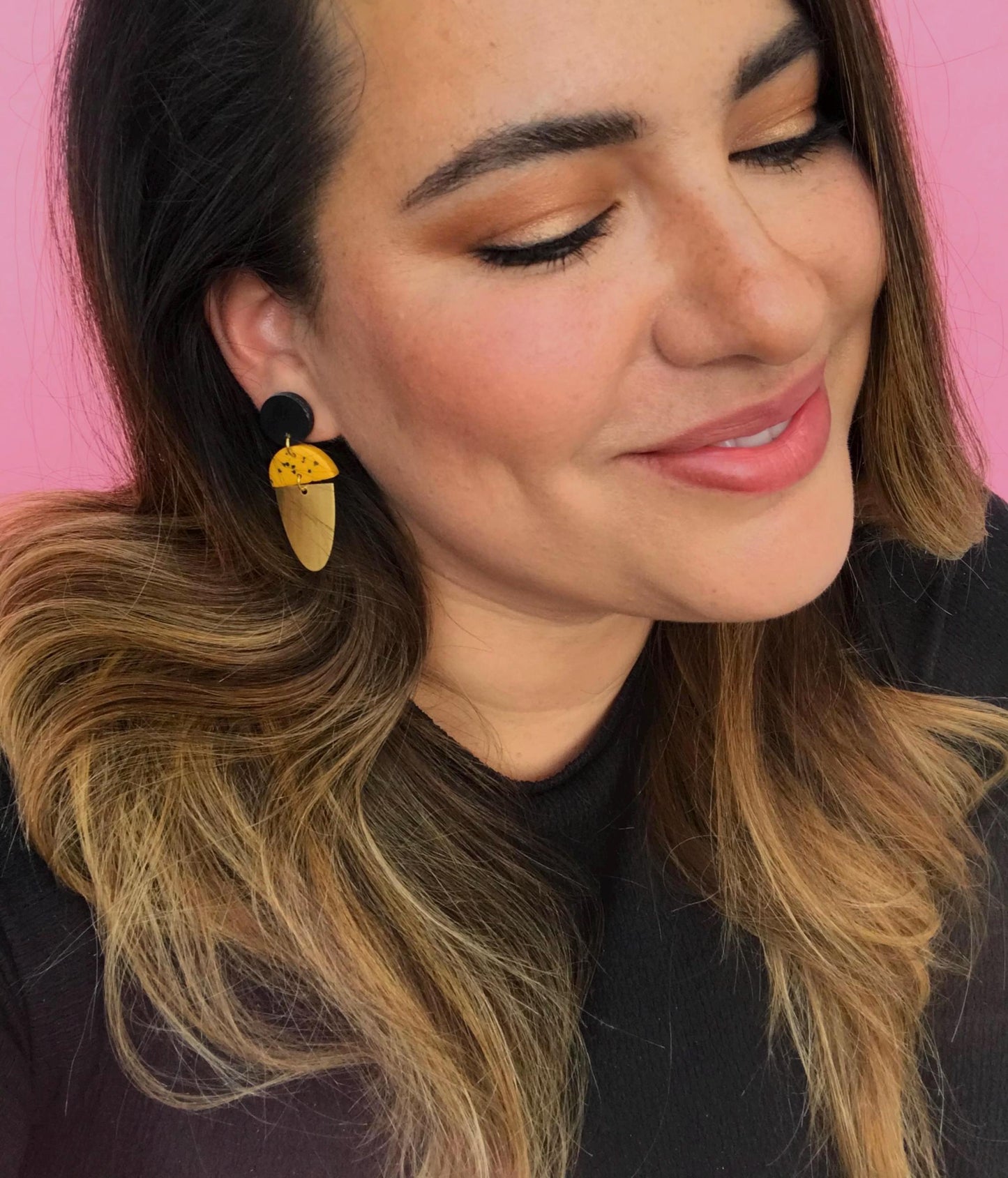 LEXI Black, Mustard & Gold polymer clay dangle earrings // yellow with black specs