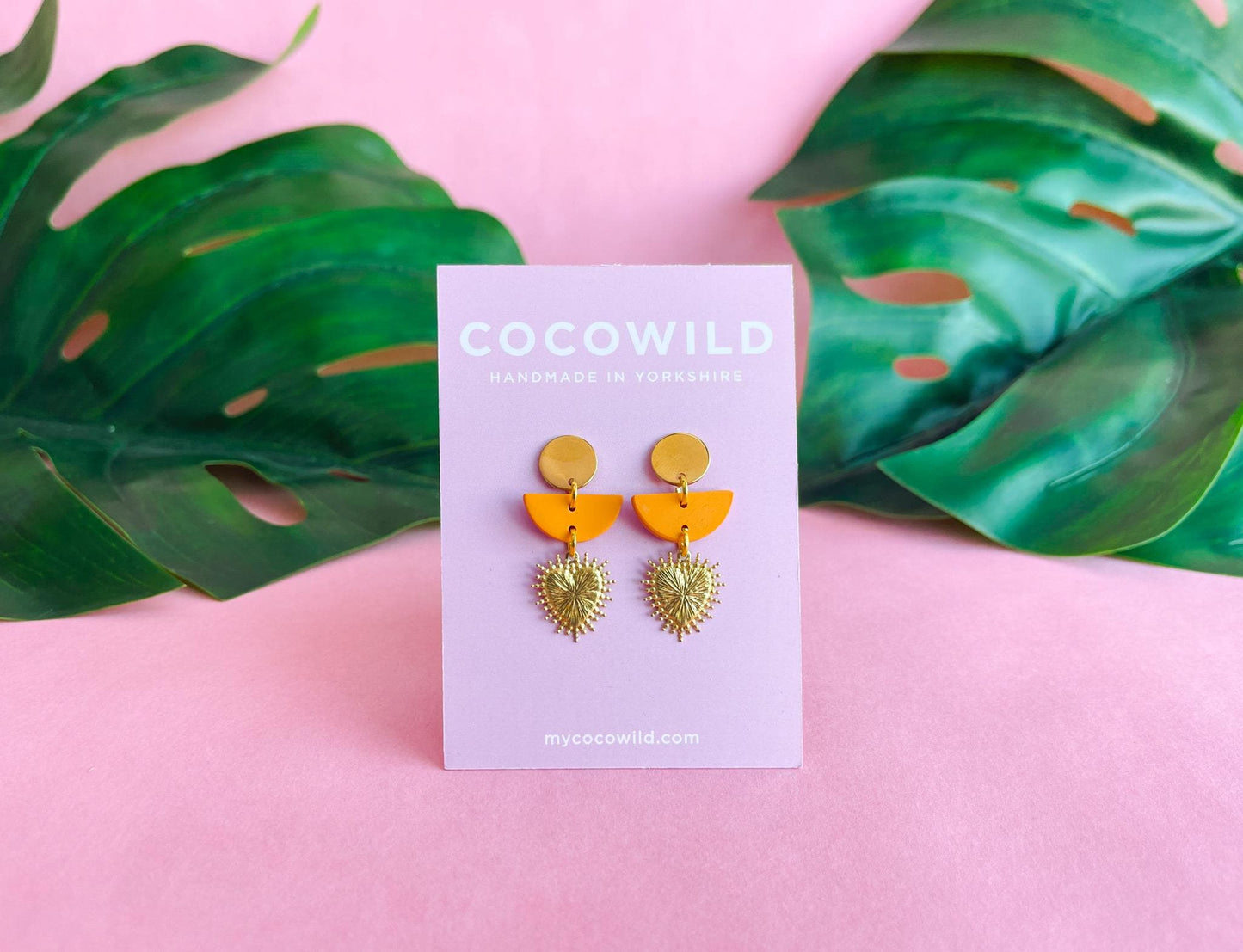 Mustard & Gold Earrings with Gold Heart Charm - ASTRID