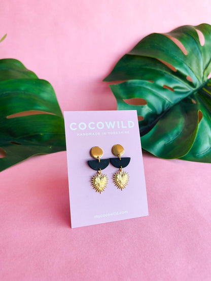 ASTRID Black & Gold with Gold Heart Charm Earrings