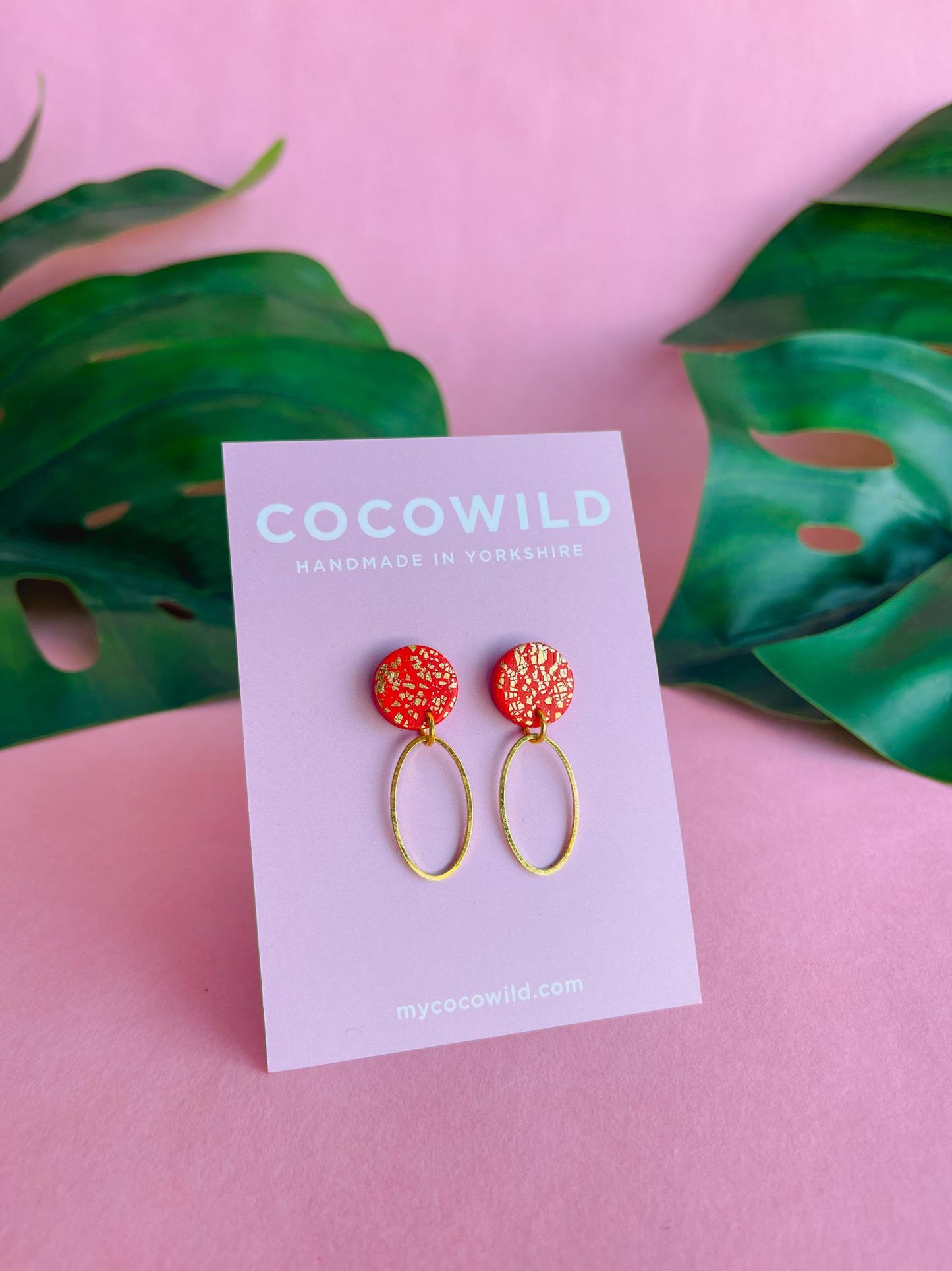 Red & Gold statement earrings - CHRISTINA // Handmade clay earrings with gold foil // lightweight earrings //