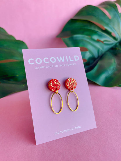 Red & Gold statement earrings - CHRISTINA // Handmade clay earrings with gold foil // lightweight earrings //