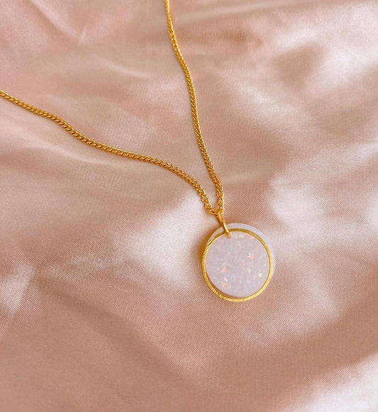 Small Pearlescent clay 18k gold plated necklace | short white sparkly necklace  // ISABELLA