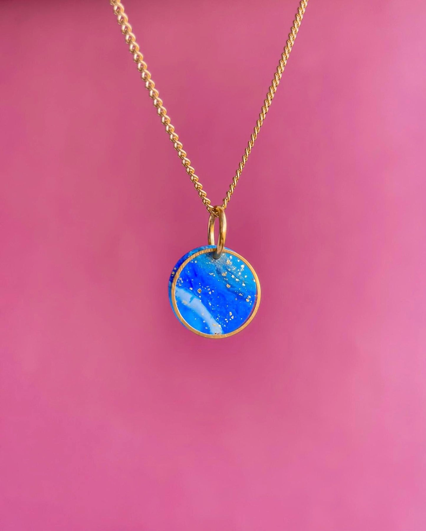 Small Blue and Gold round clay necklace | beautiful marbled blue with gold leaf pendant necklace | 18k gold plated chain // ISABELLA