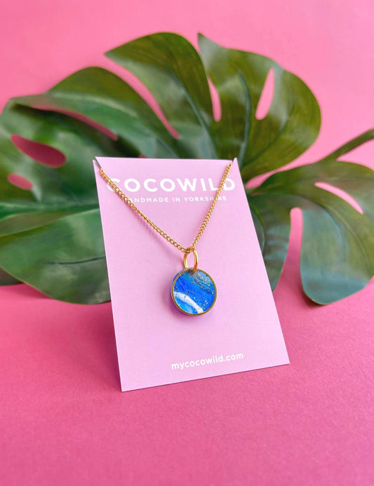 Small Blue and Gold round clay necklace | beautiful marbled blue with gold leaf pendant necklace | 18k gold plated chain // ISABELLA