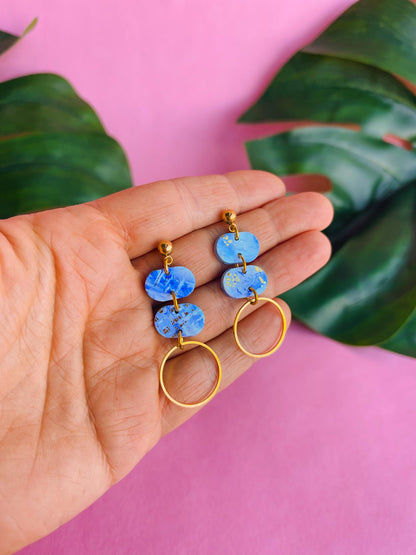 Blue & Gold Round statement stud earrings /Polymer clay oval earrings with gold foil / UK Handmade jewellery // MACKENZIE