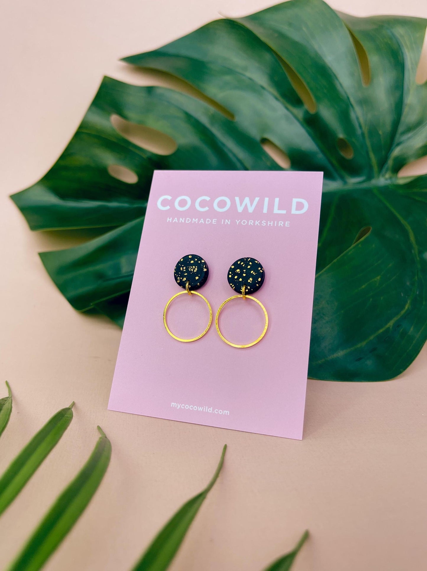 Black and Gold earrings with small gold hoops / Handmade polymer clay round earrings // BROOKE