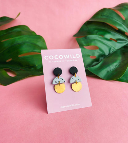 BELLA Black & Grey Clay earrings // black grey studs polymer clay gold earrings