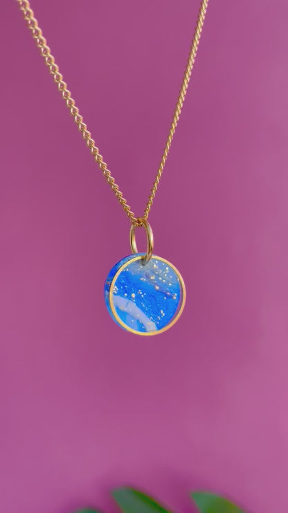 SOFIA - Blue, White & Gold Leaf Small Circle Necklace with Long 18k Gold Chain