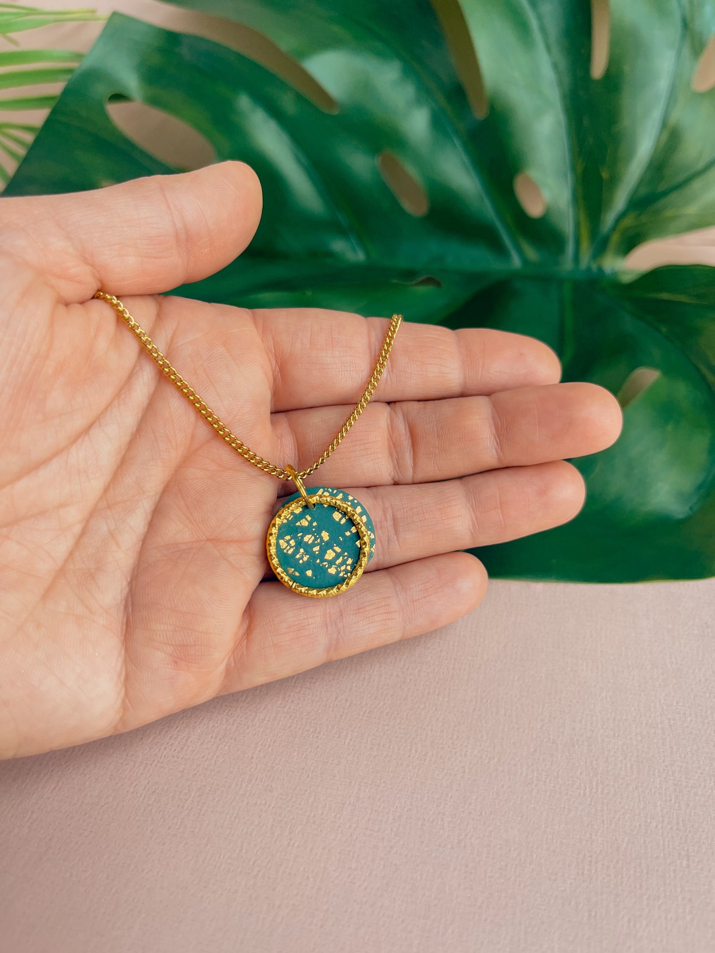 LUCIA - Emerald Green & Gold Leaf Small Circle Pendant on Short 18k Gold Chain.