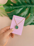 OLIVIA GREEN SMALL NECKLACE - Emerald Green & Gold Leaf Circle Pendant on Short Chain.