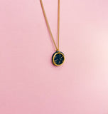 OLIVIA BLACK SMALL NECKLACE - Black & Gold Leaf Circle Pendant on Short Chain.
