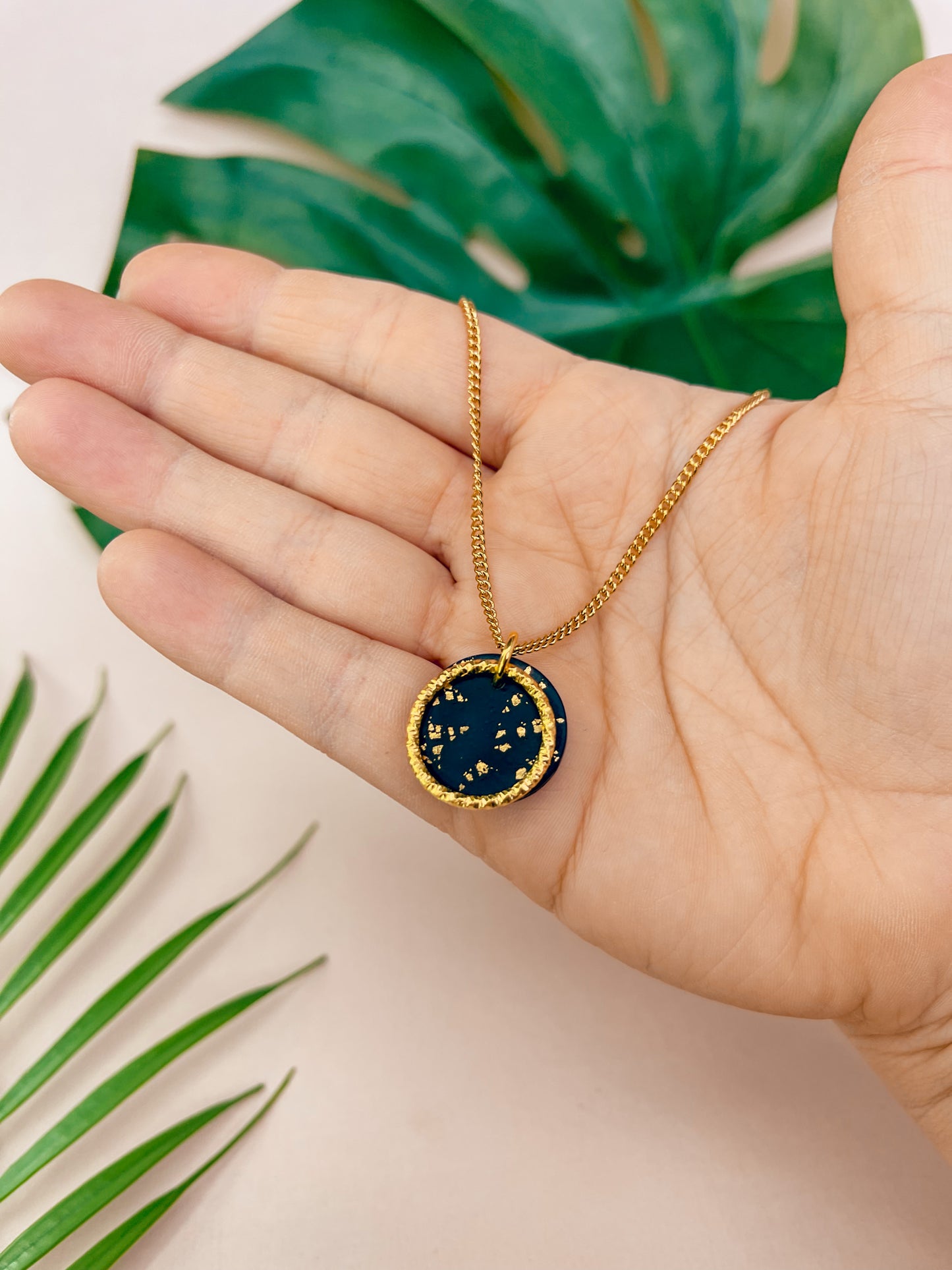 LUCIA - Black & Gold Leaf Small Circle Pendant on Short 18k Gold Chain.