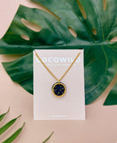 OLIVIA BLACK SMALL NECKLACE - Black & Gold Leaf Circle Pendant on Short Chain.