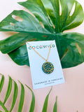 OLIVIA GREEN LARGE NECKLACE - Emerald Green & Gold Leaf Circle Pendant on Long Chain.