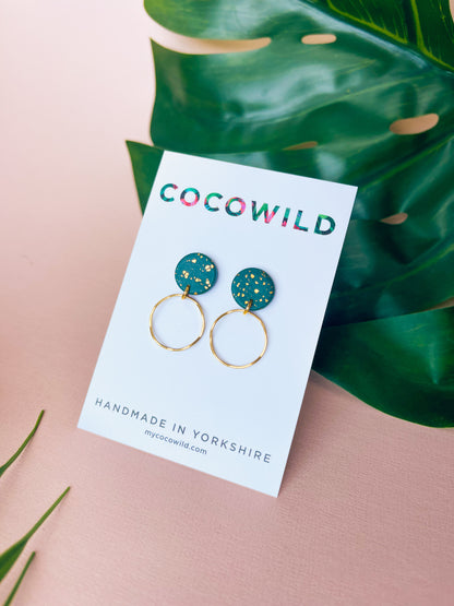 ELENA - Emerald Green & Gold Leaf Thin Hoop Drop Earrings