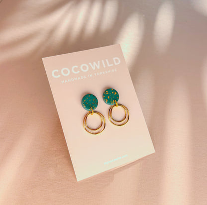 MARIA - Emerald Green & Gold Leaf Double Hoop Earrings