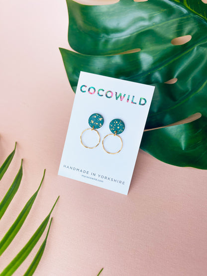 ELENA - Emerald Green & Gold Leaf Thin Hoop Drop Earrings