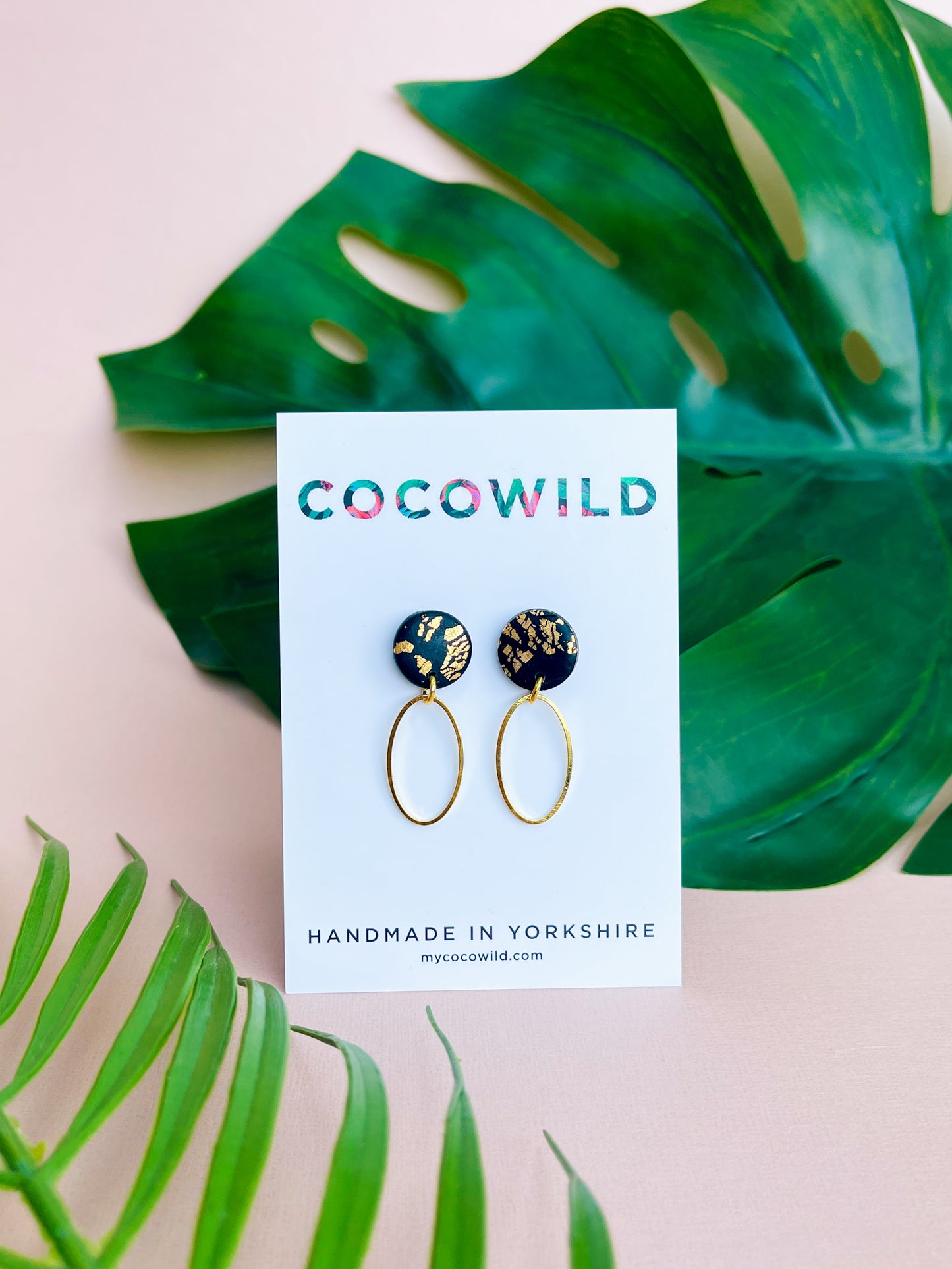 CHRISTINA - Black & Gold Leaf Oval Drop Earrings