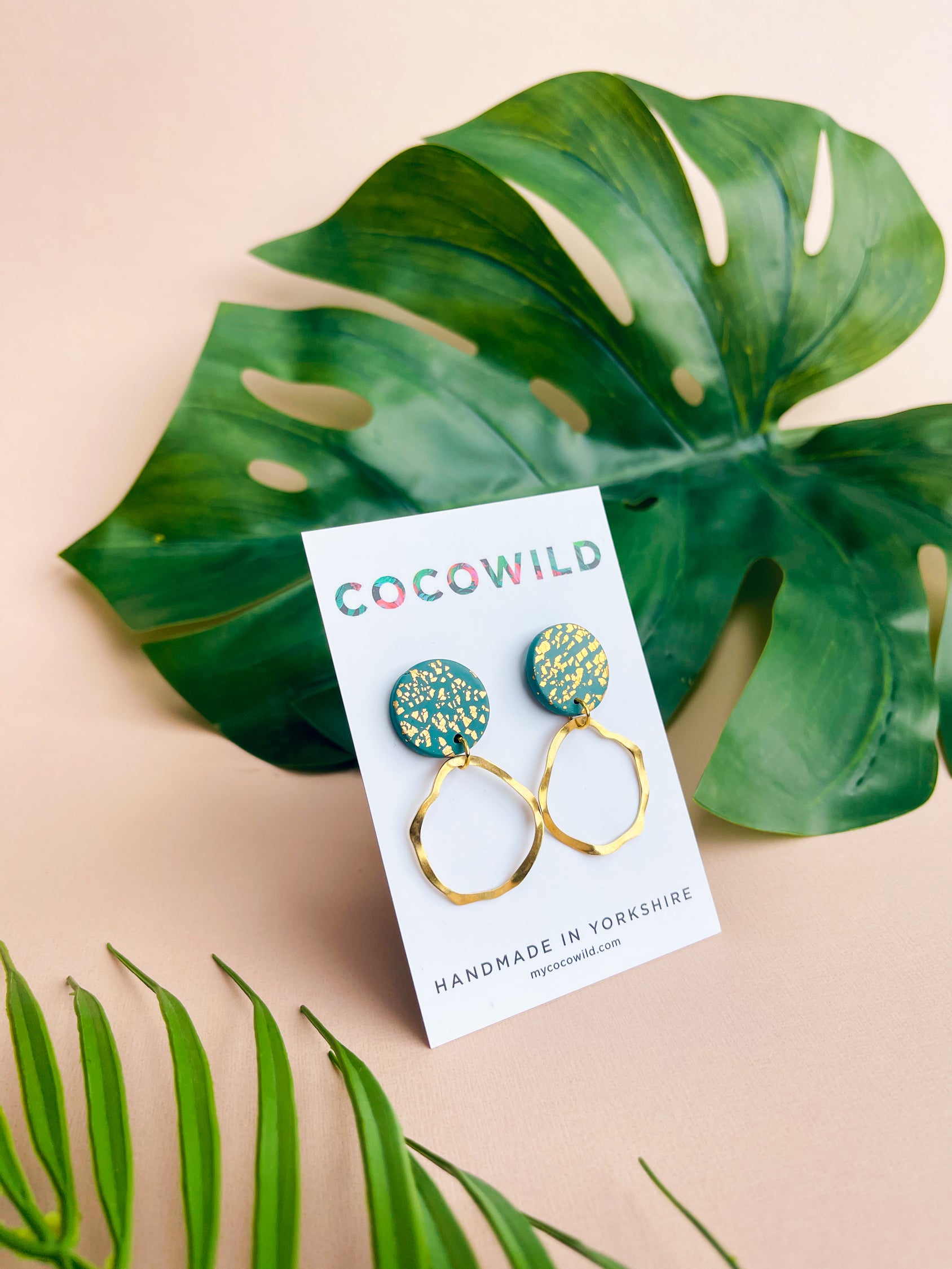 OLIVIA - Emerald Green & Gold Leaf Hoop Drop Earrings