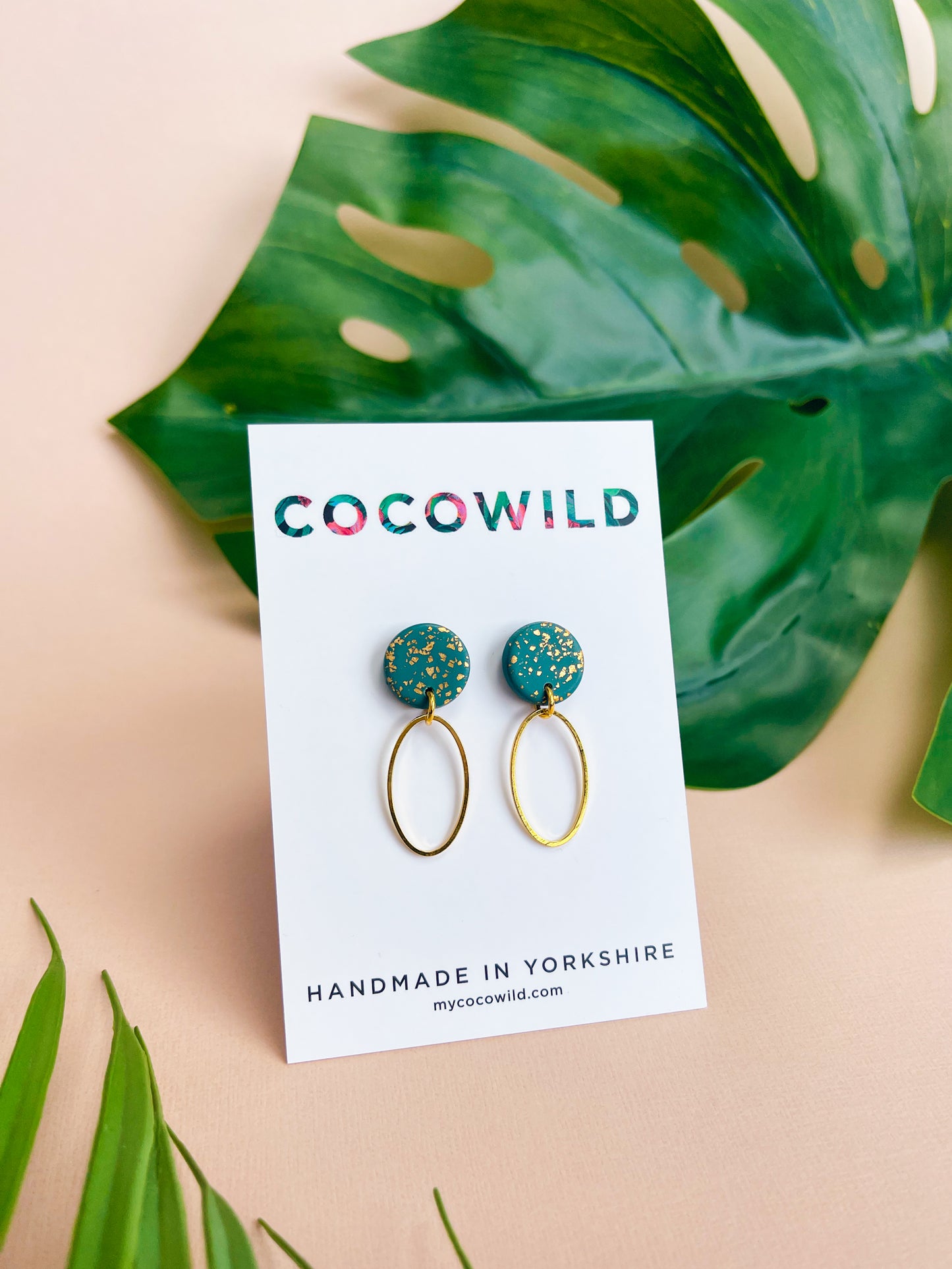 CHRISTINA - Emerald Green & Gold Leaf Oval Drop Earrings